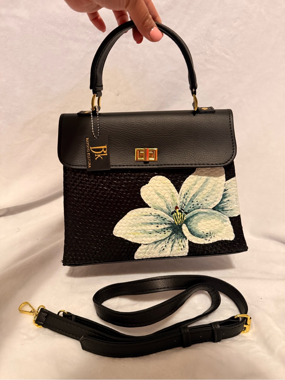 BK Black Floral-Accent Top Handle Satchel